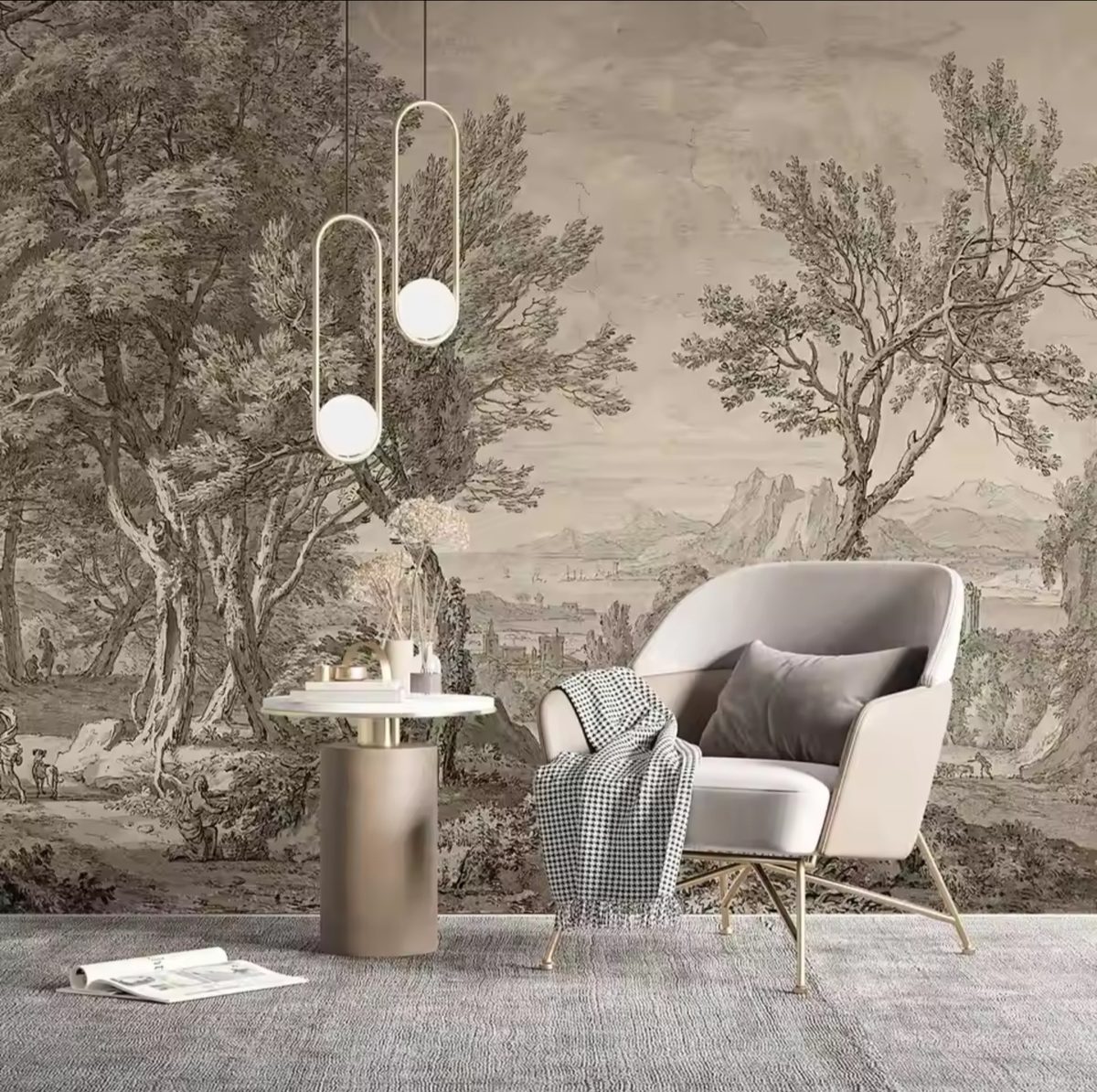 Classic Landscape Tree Mural Wallpaper – Beige & Taupe