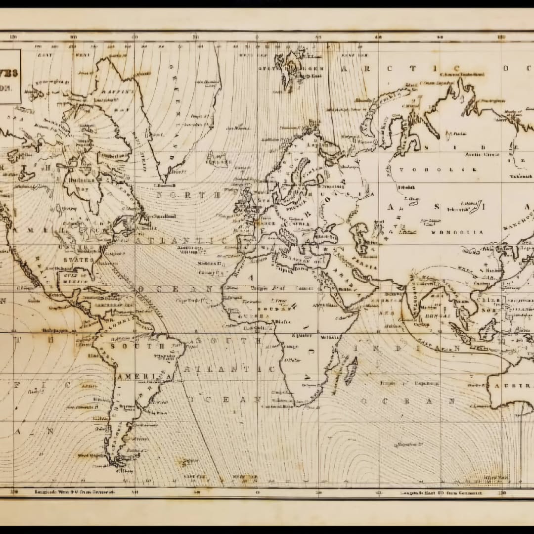 A close-up of a vintage-style world map mural in sepia tones. The map features aged parchment textures, fine latitude and longitude lines, and histori