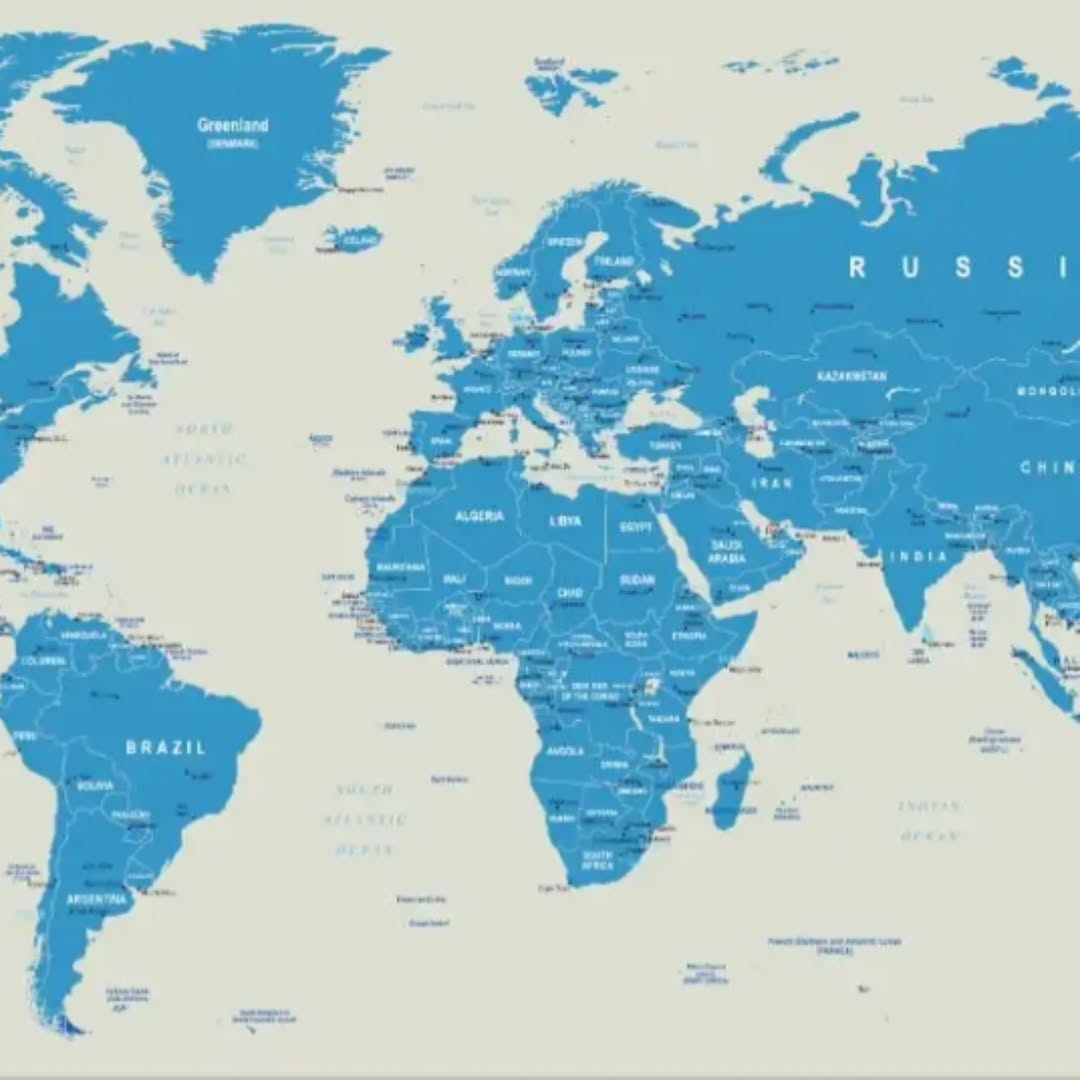 A digital rendering of a world map with solid blue landmasses against a cream-colored ocean background. Country names and borders are clearly labeled