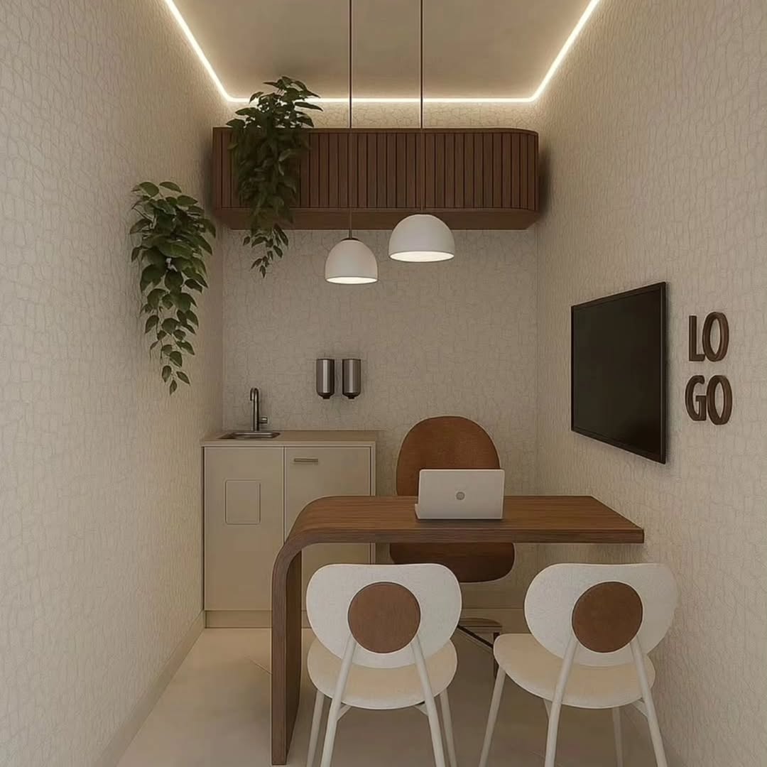 A small, minimalist office or consultation nook with walls covered in a light, textured wallpaper with an organic stone-like pattern. The room feature